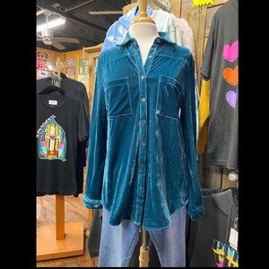 Umgee Long Sleeve Button Down Velvet Texture, Cerulean Blue